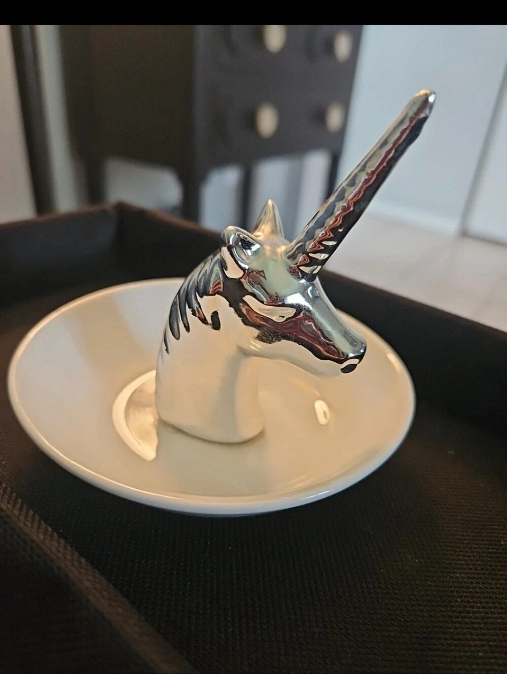 At Home Unicorn Ring Holder Dish Ceramic Jewelry Trinket Tray Silver EUC